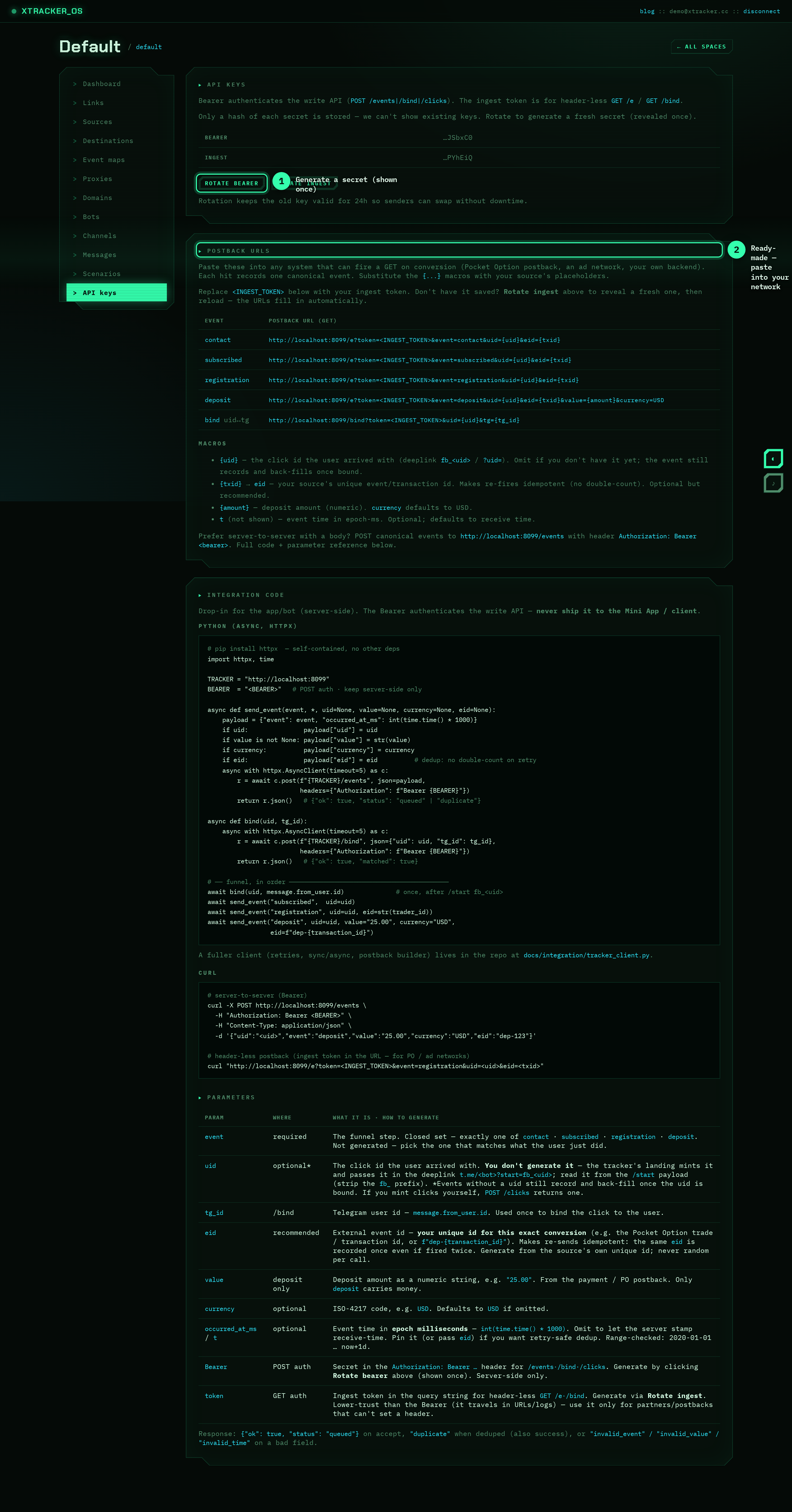 API keys: rotate, copy, grab a postback URL